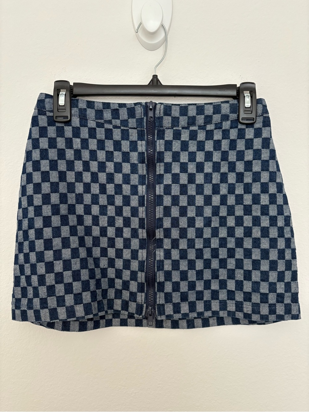 Blue Denim Checkered Mini Skirt with Zipper